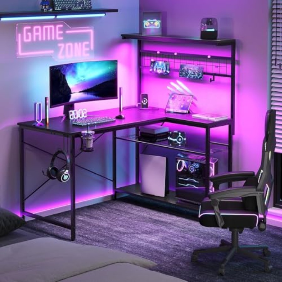 Desk Setup L Shaped - 42인치 게이밍 데스크, 전원 콘센트 및