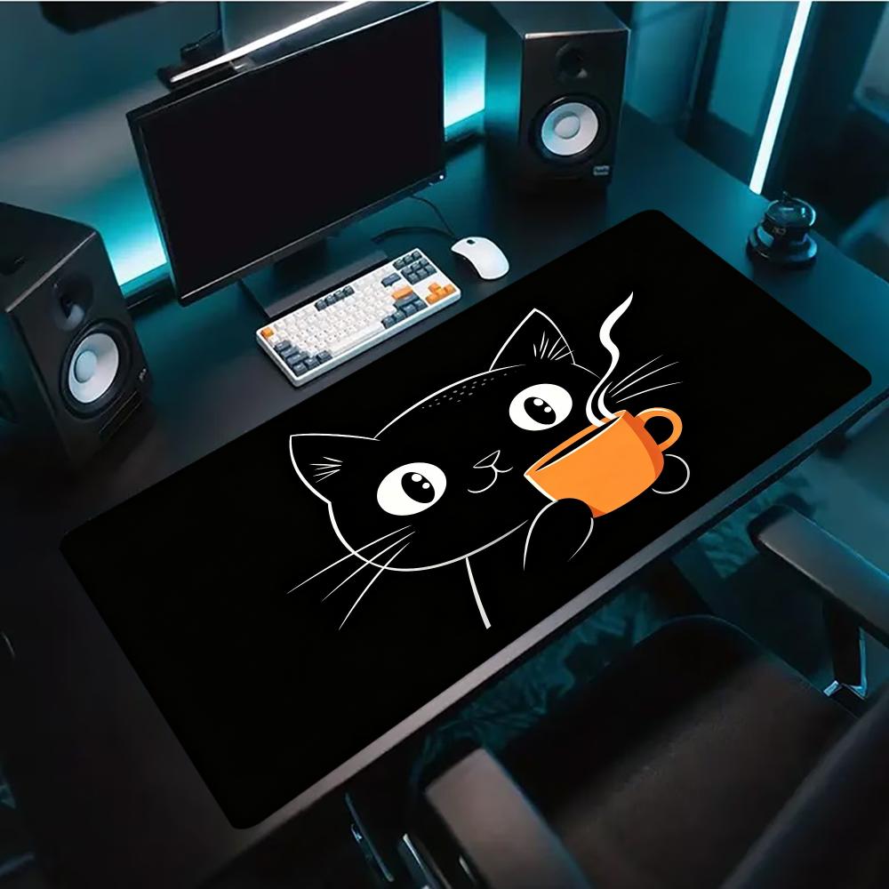 귀여운 라인 아트 고양이가 커피잔을 든 대형 게이밍 마 - Desk Setup Pc And Laptop 리뷰 및 가격